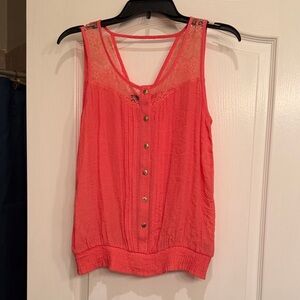 Coral Lace Trim Button-Down Tank Top